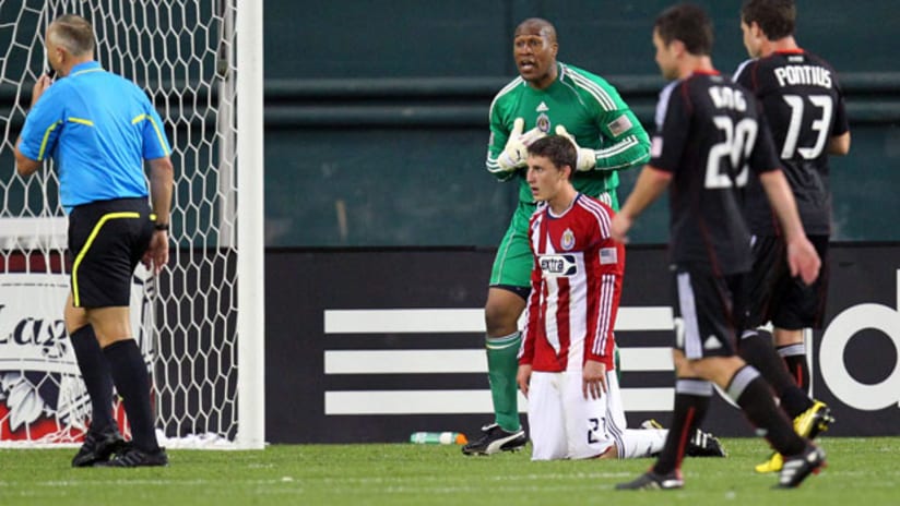 Who, me? Chivas keeper Zach Thornton reacts to the penalty call for D.C.