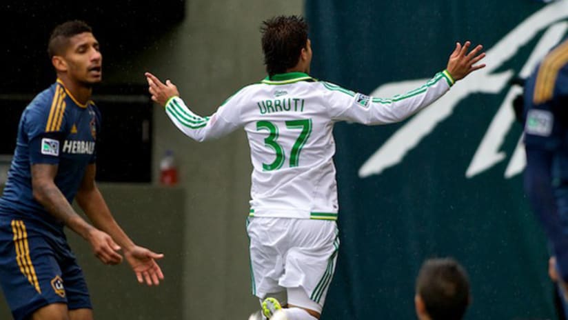 Maximiliano Urruti celebrates his first MLS goal vs. LA Galaxy (Sept. 29, 2013)