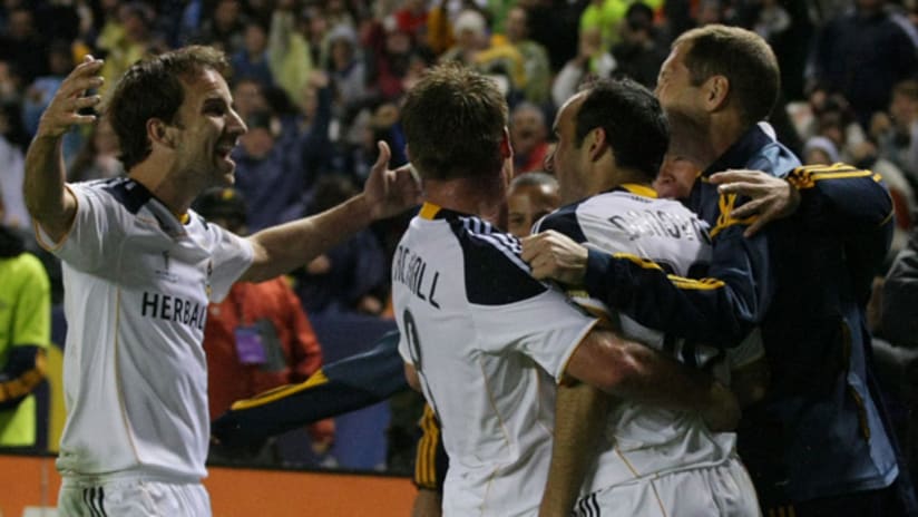 Members of the LA Galaxy celebrate a goal in the MLS Cup