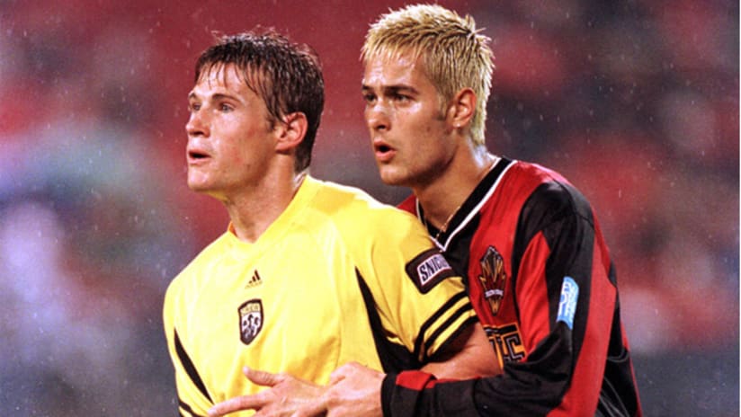 With his signature bleach-blond hair and a nose strip, Mike Petke (right) has been a fixture in MLS since 1998.