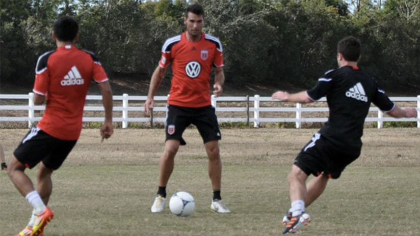 New DC United defender Emiliano Dudar controls the ball during a training session