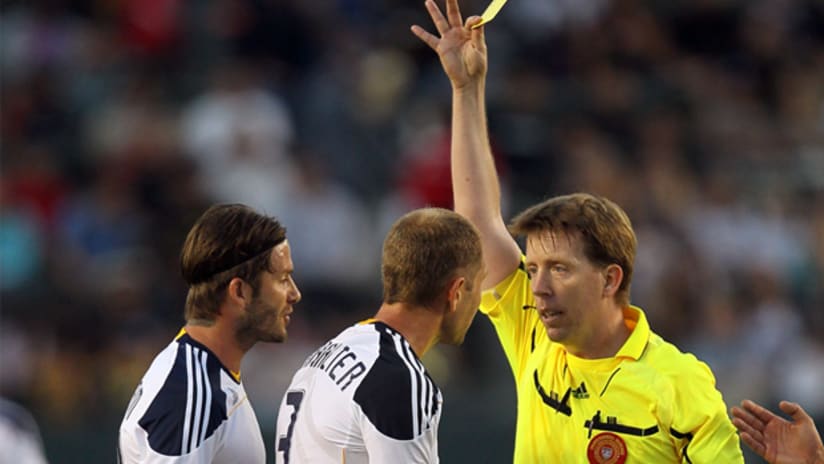 David Beckham is shown a yellow card vs. the Columbus Crew.