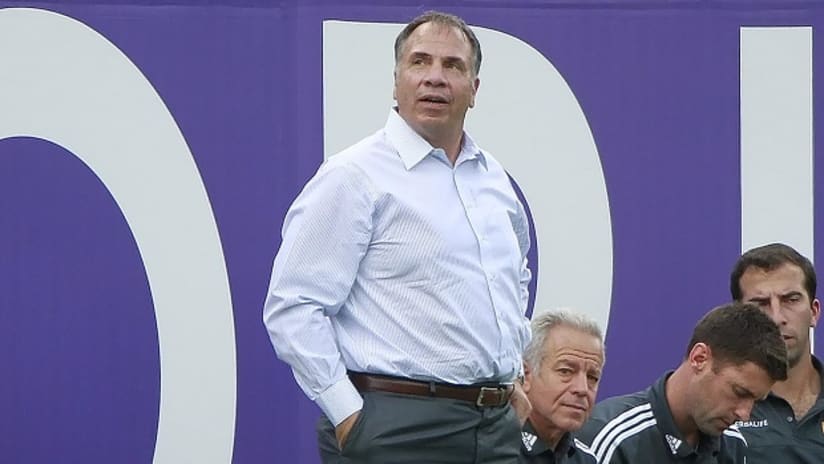 Bruce Arena looks miffed during the LA Galaxy's loss at Orlando City SC