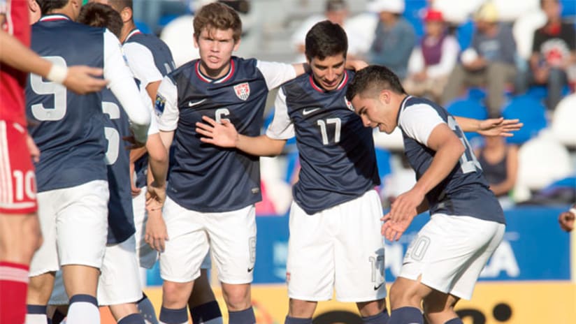 Wil Trapp, Daniel Garcia and Daniel Cuevas celebrate the US U-20s' goal vs. Cuba