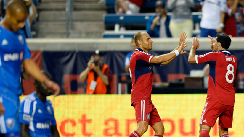 Chicago Fire's Dilly Duka and Joel Lindpere celebrate