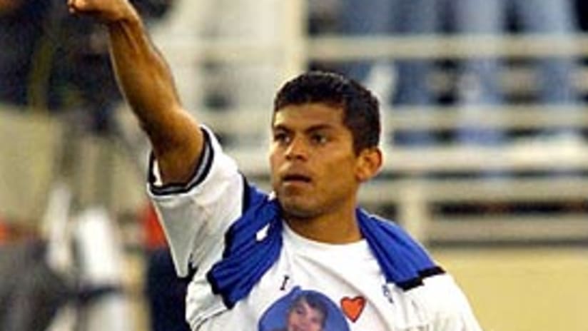 Ronald Cerritos celebrates his second goal of the night on July 18, 2001.