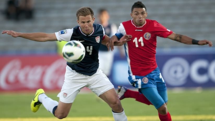 US U-20 Caleb Stanko battles Costa Rica's Jhon Ruiz for the ball