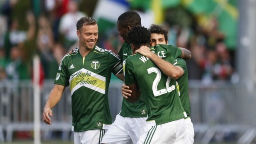 Portland Timbers celebrate goal vs. Seattle Sounders in USOC action