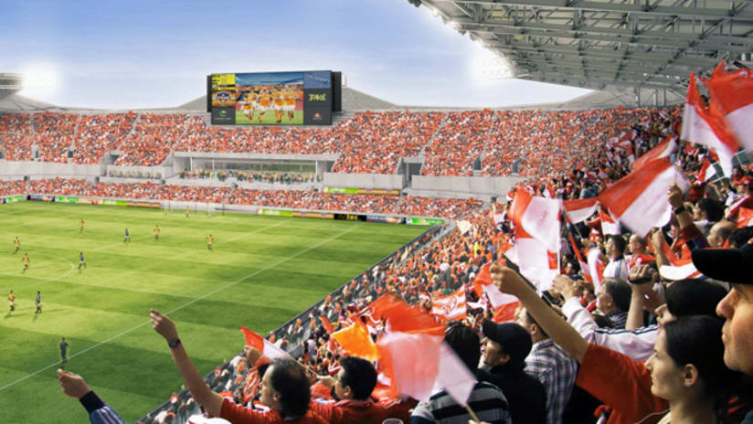 The latest rendering of the Houston Dynamo's soon-to-be-built stadium.