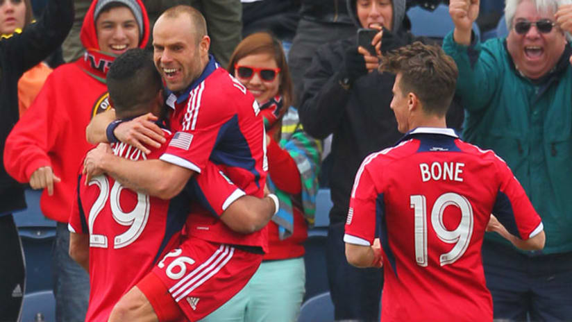 Chicago Fire players celebrate a win over the New York Red Bulls