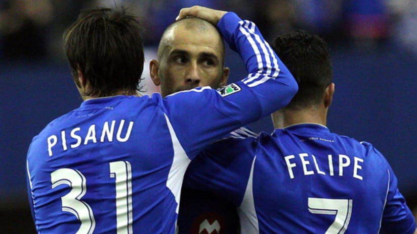 Marco Di Vaio, Andrea Pisanu and Felipe celebrate goal vs. New York