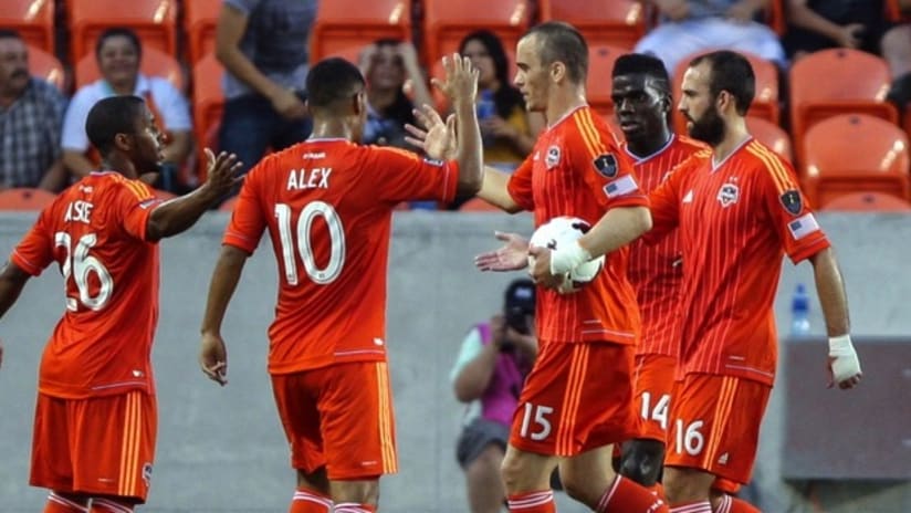 The Houston Dynamo celebrate Cam Weaver's goal vs. Arabe Unido CCL