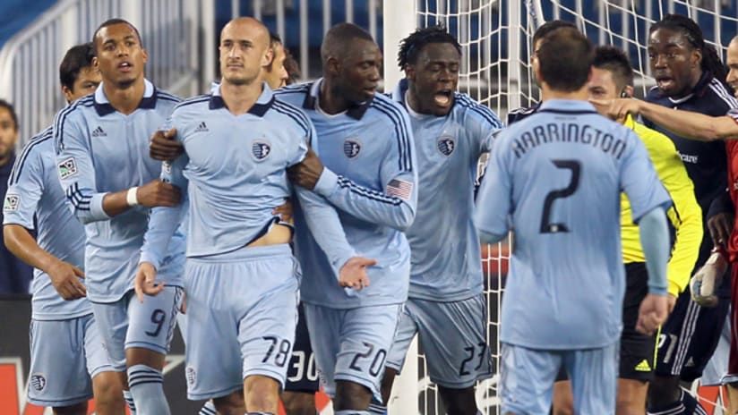 Sporting defender Aurelien Collin sees red in his MLS debut, a 3-2 loss to the Revs