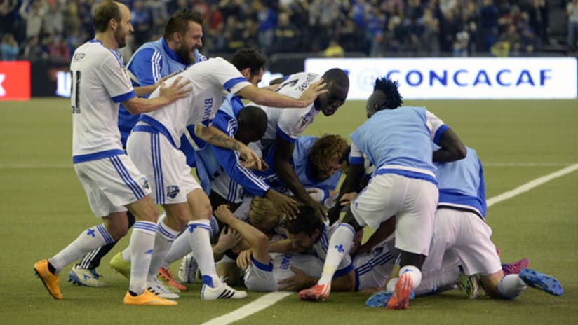 The Montreal Impact celebrate the winning goal against Pachuca in the CCL