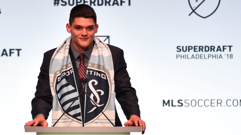 Eric Dick - Sporting KC - at the podium after being selected in the 2018 SuperDraft