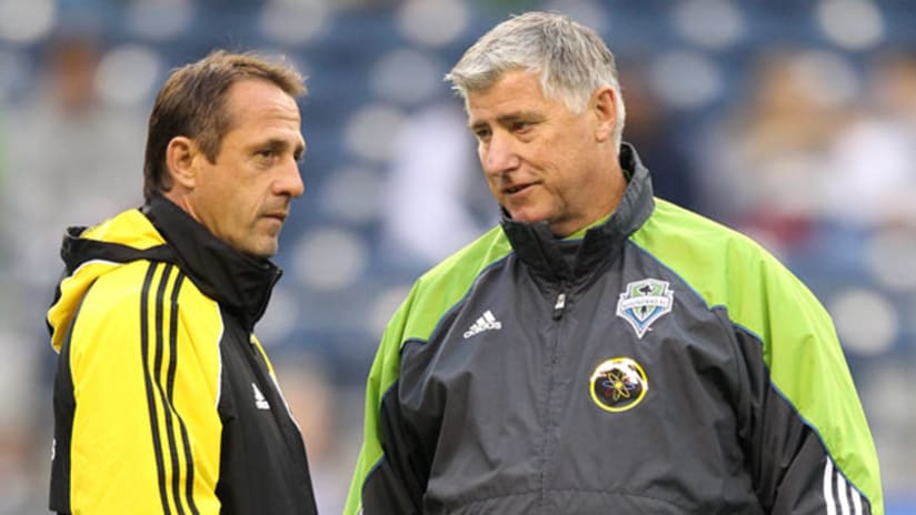 Robert Warzycha (left) and the Crew take on Sigi Schmid and the Seattle Sounders on Saturday.