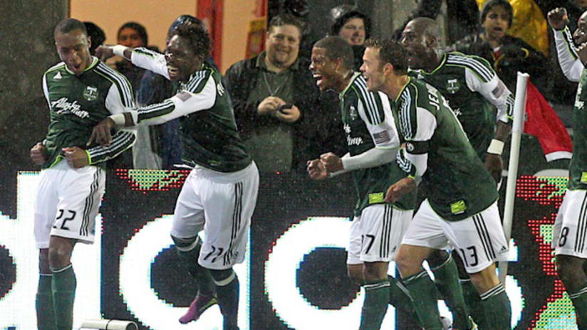 Portland players celebrate Rodney Wallace's goal against Chicago.