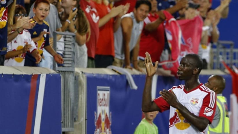 Bradley Wright-Phillips celebrates with Red Bulls supporters