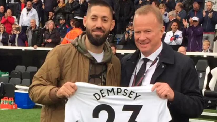 Clint Dempsey - with jersey at Fulham FC tribute - THUMB ONLY
