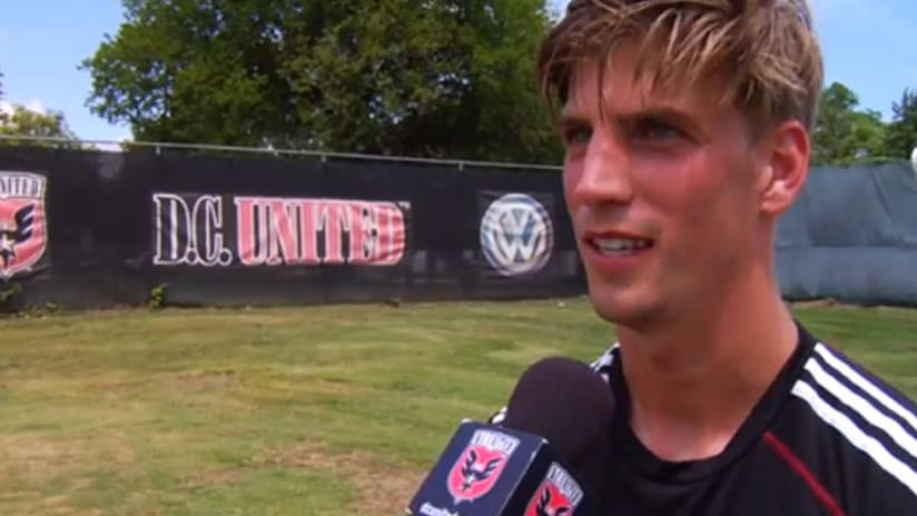 D.C. United's Conor Doyle speaks with a reporter