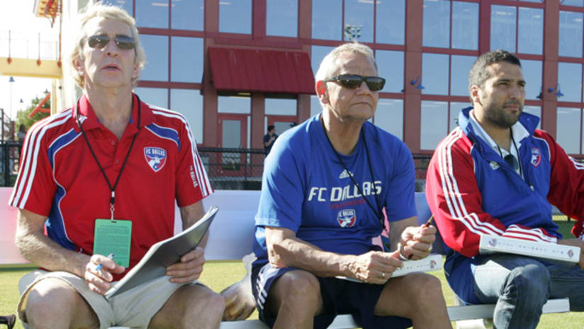 Schellas Hyndman (center) watches the MLS Combine in Fort Lauderdale, Fla.