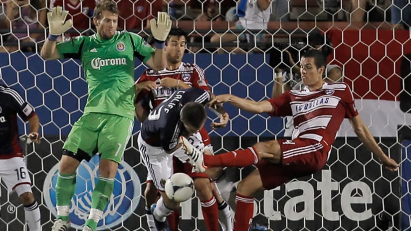 Andrew Jacobsen tries to get the ball past the Chivas USA defense