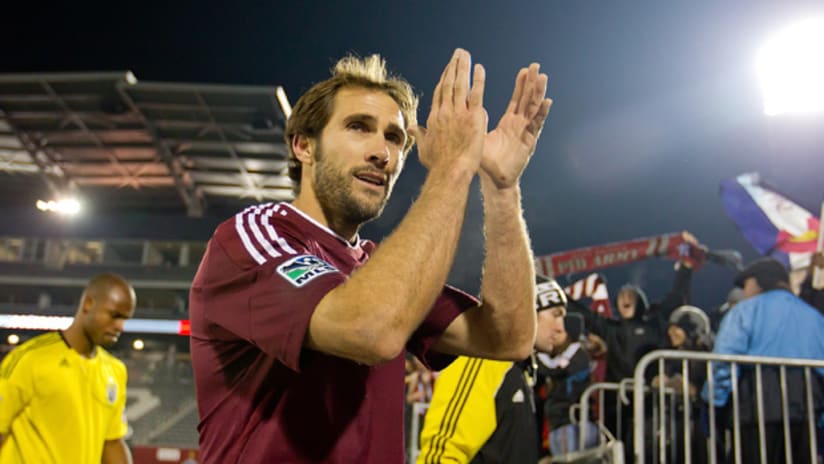Colorado's Brian Mullan celebrates after the Rapids' wild card win over Columbus on Thursday.