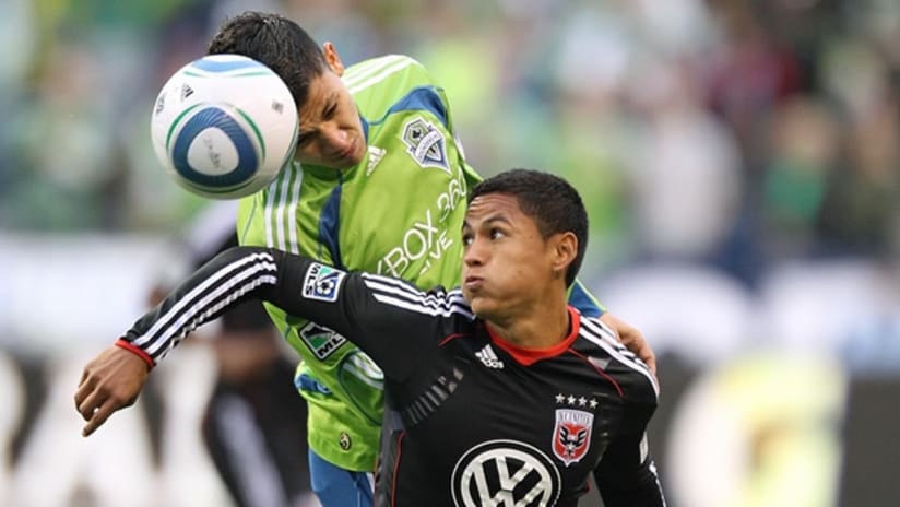 Seattle's Fredy Montero (left) wins a header over D.C. United's Andy Najar during a match in 2010.