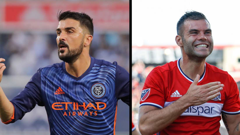Split image: David Villa (New York City FC) and Nikolic Nemanja (Chicago Fire)