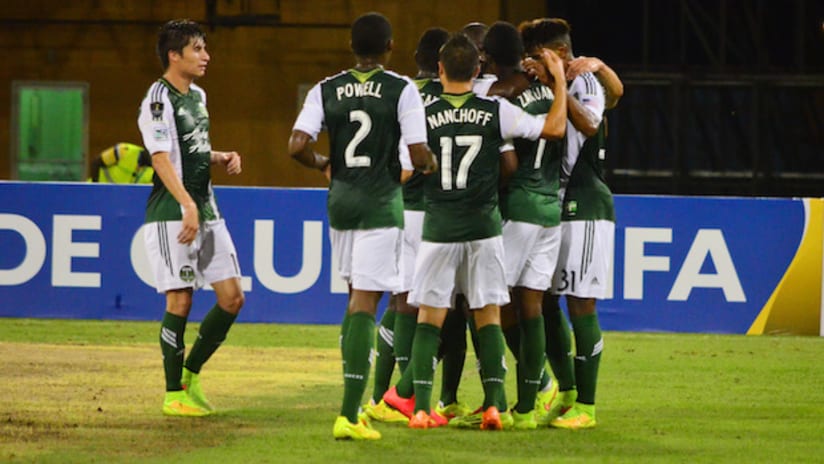 The Portland Timbers celebrate a goal in the CCL against Alpha United