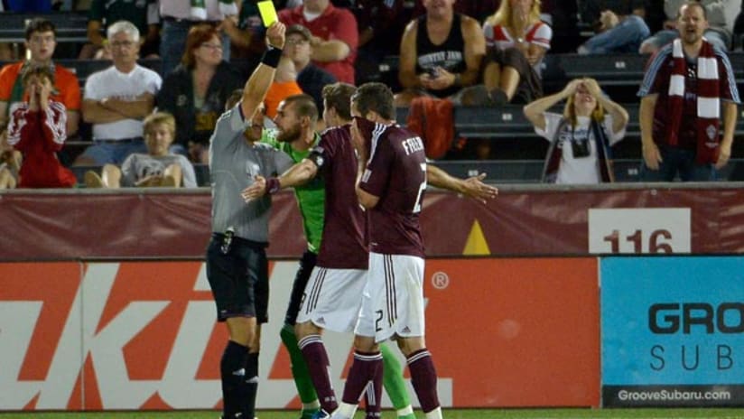 Colorado Rapids players protest a penalty decision