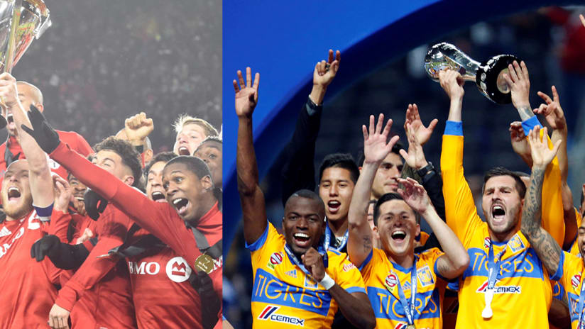 Toronto FC - Tigres UANL - split image - trophy hoisting