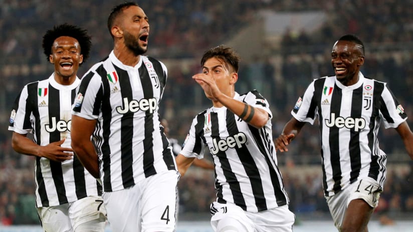 Juventus celebrate a goal against Milan in the 2018 Coppa Italia final