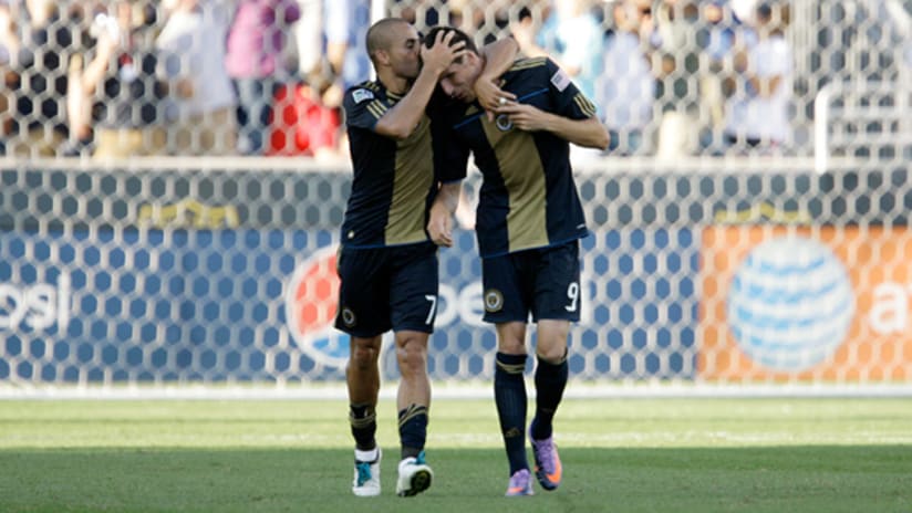 Philadelphia's Fred kisses teammate Sebastien Le Toux on the head during the second half of the Union's 3-0 win over Chivas USA on Saturday.