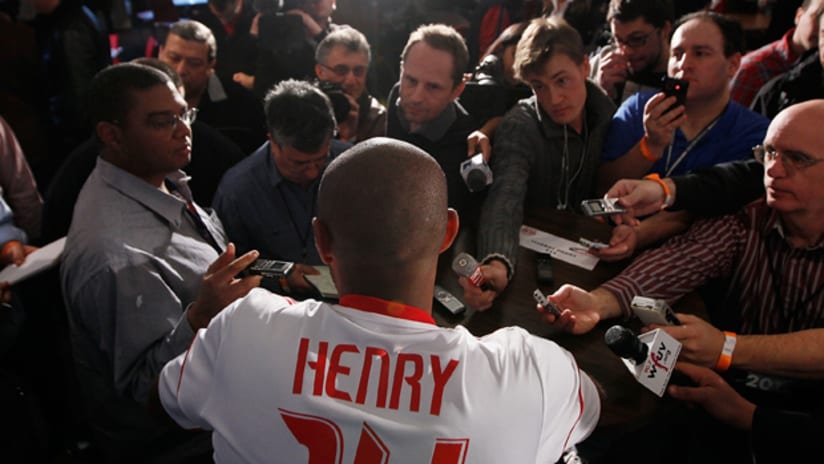 Thierry Henry talks to reporters during the Red Bulls 2011 Media Day.