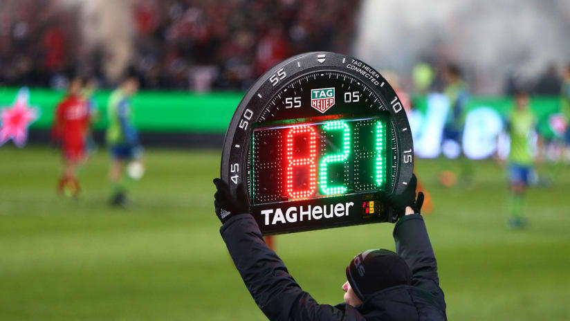 The 4th official holds up the substitution board during MLS Cup 2016