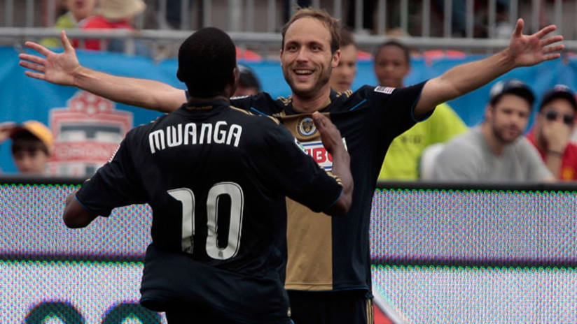 Danny Mwanga (foreground) and Justin Mapp celebrate Philadelphia's goal against Toronto, May 28, 2011.