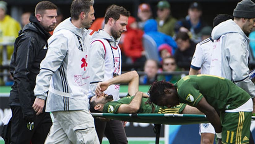 Diego Valeri leaves match vs. Vancouver Whitecaps on a stretcher