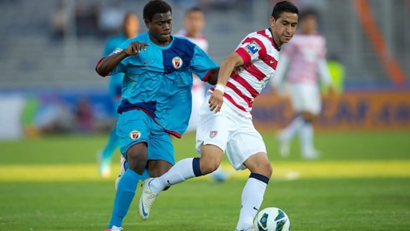 Benji Joya battles a Haitian player for the ball US U20s