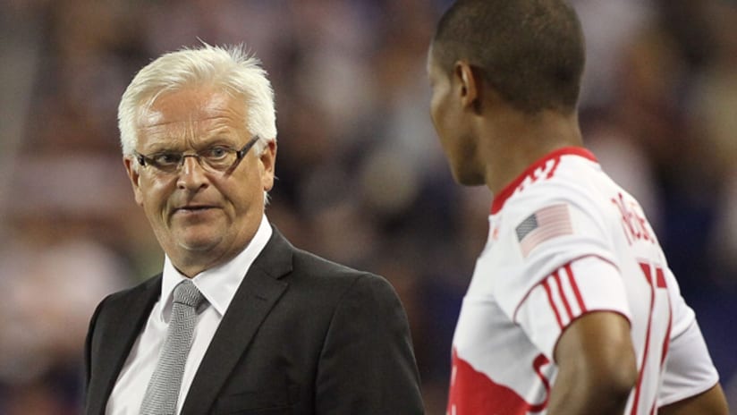 Head coach Hans Backe of the New York Red Bulls talks with Juan Agudelo before he entered the game against the Colorado Rapids at Red Bull Arena on May 25, 2011.