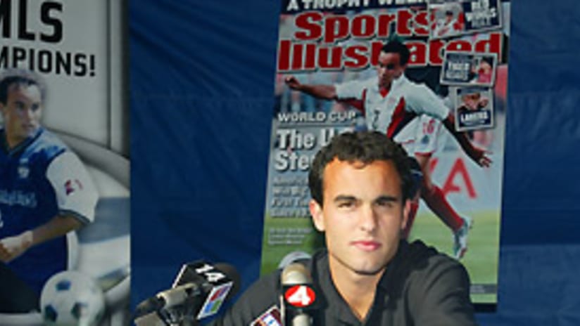 Landon Donovan held a press conference prior to his return to the Quakes in 2002.