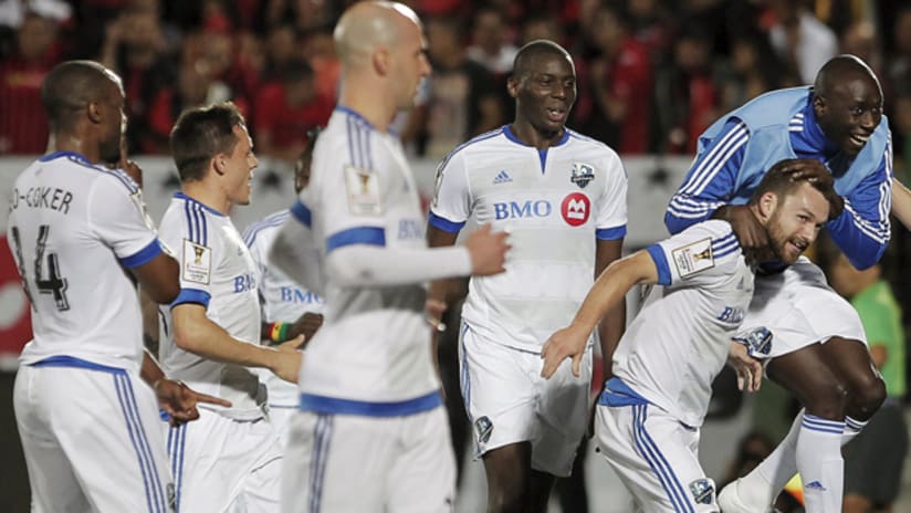 The Montreal Impact celebrate Jack McInerney's goal against Alajuelense in the CCL semifinal