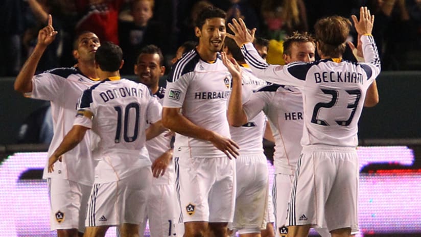 The Galaxy celebrate after Leonardo's goal gives them a 1-0 win over the Philadelphia Union