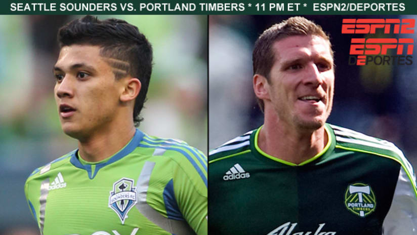 Fredy Montero (left) and the Seattle Sounders take on Kenny Cooper and the Portland Timbers.