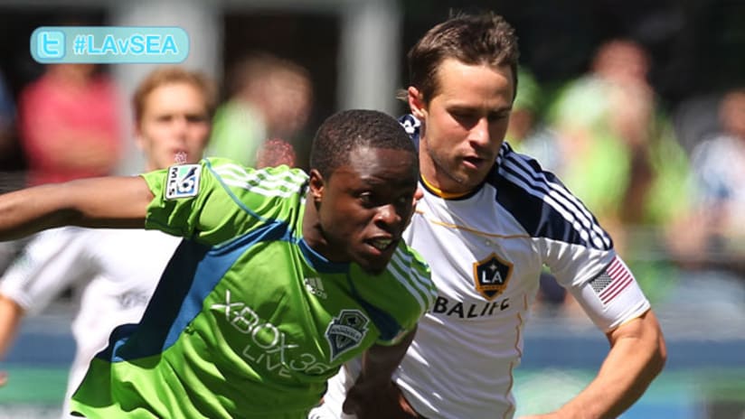 Steve Zakuani (left) and Seattle of wary of overextending against LA, who are lethal on the counterattack.