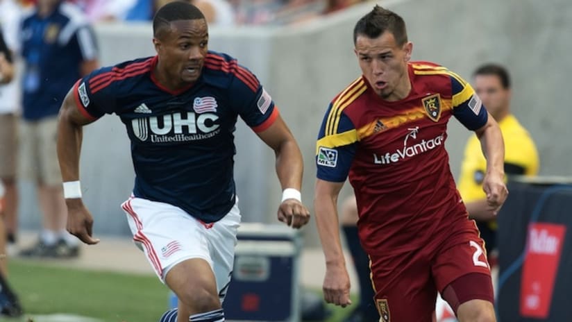 New England's Darrius Barnes and Real Salt Lakes Luis Gil