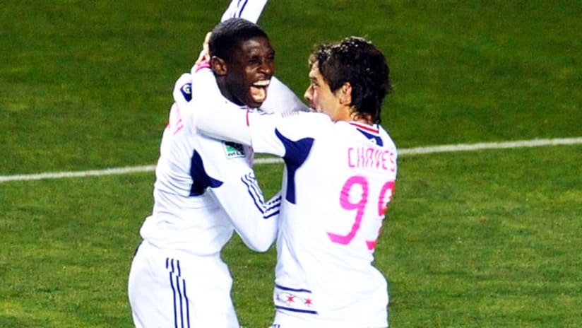 Jalil Anibaba and Diego Chaves celebrate a goal vs. Columbus, October 22, 2011.