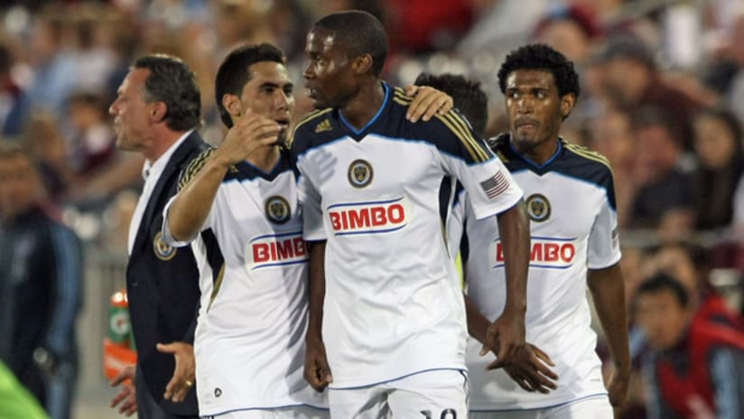 Philadelphia's Danny Mwanga (center) celebrates after scoring a goal during the Union's 1-1 draw against Colorado on Saturday.