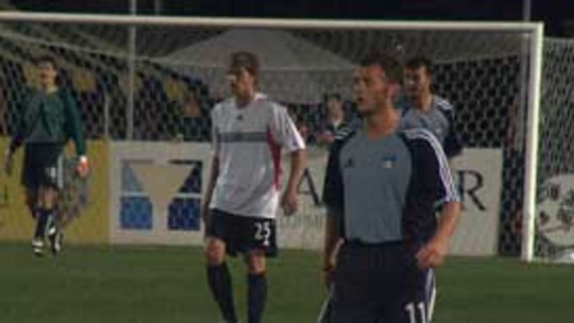 Brad Davis (right) scored both goals for the Quakes in their victory Saturday night.