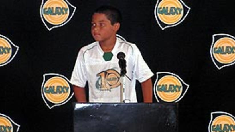 Galaxy Fantasy Camper Dominic Dowell takes questions during Thursday's mock press conference.